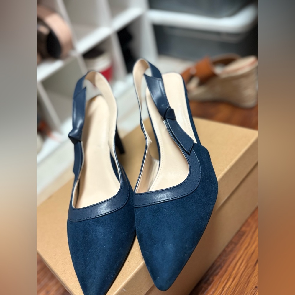 Women's Navy Slingback Pointed-Toe Heels